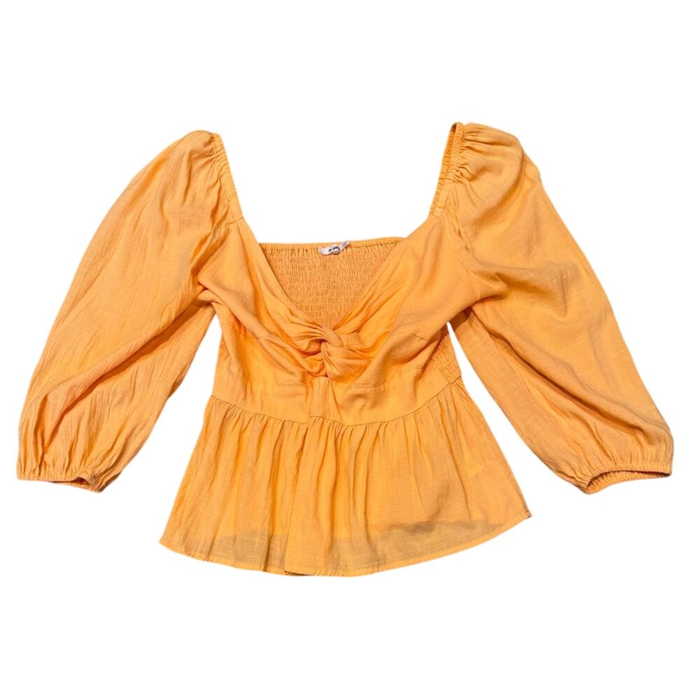 Mi Ami Tie front V-neck babydoll Milkmaid top Blouse Large Orange Puff-Sleeve